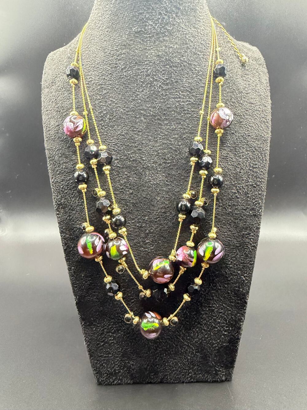 Vintage three-strand necklace with hand-painted black floral glass beads 19,5"